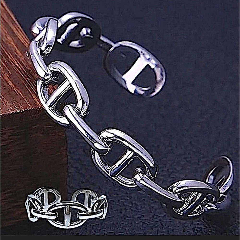 Sterling Silver Mariner Pig Nose Coffee Bean Bangle Cuff Bracelet Matching Ring